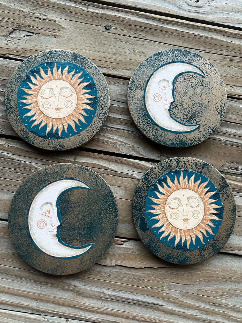 Celestial Sun Moon Coaster Set 4” Cork Backed Boho Astrology Decor